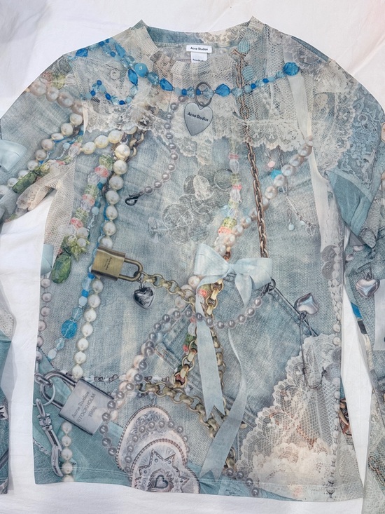 Acne Studios Tops - Acne Studios light blue lace-trimmed mesh top with pearl charm